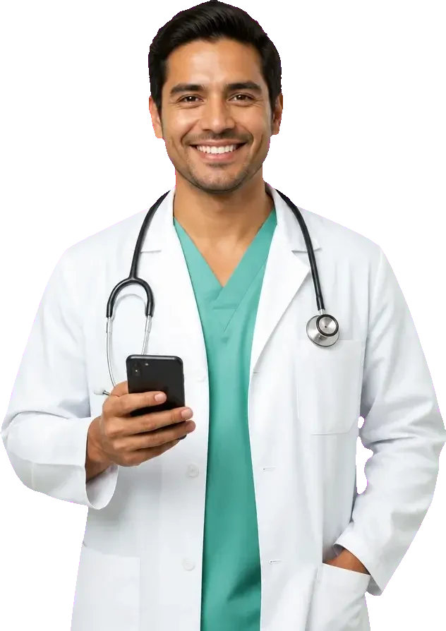 Profesional sanitario con un smartphone, listo para recibir pacientes.