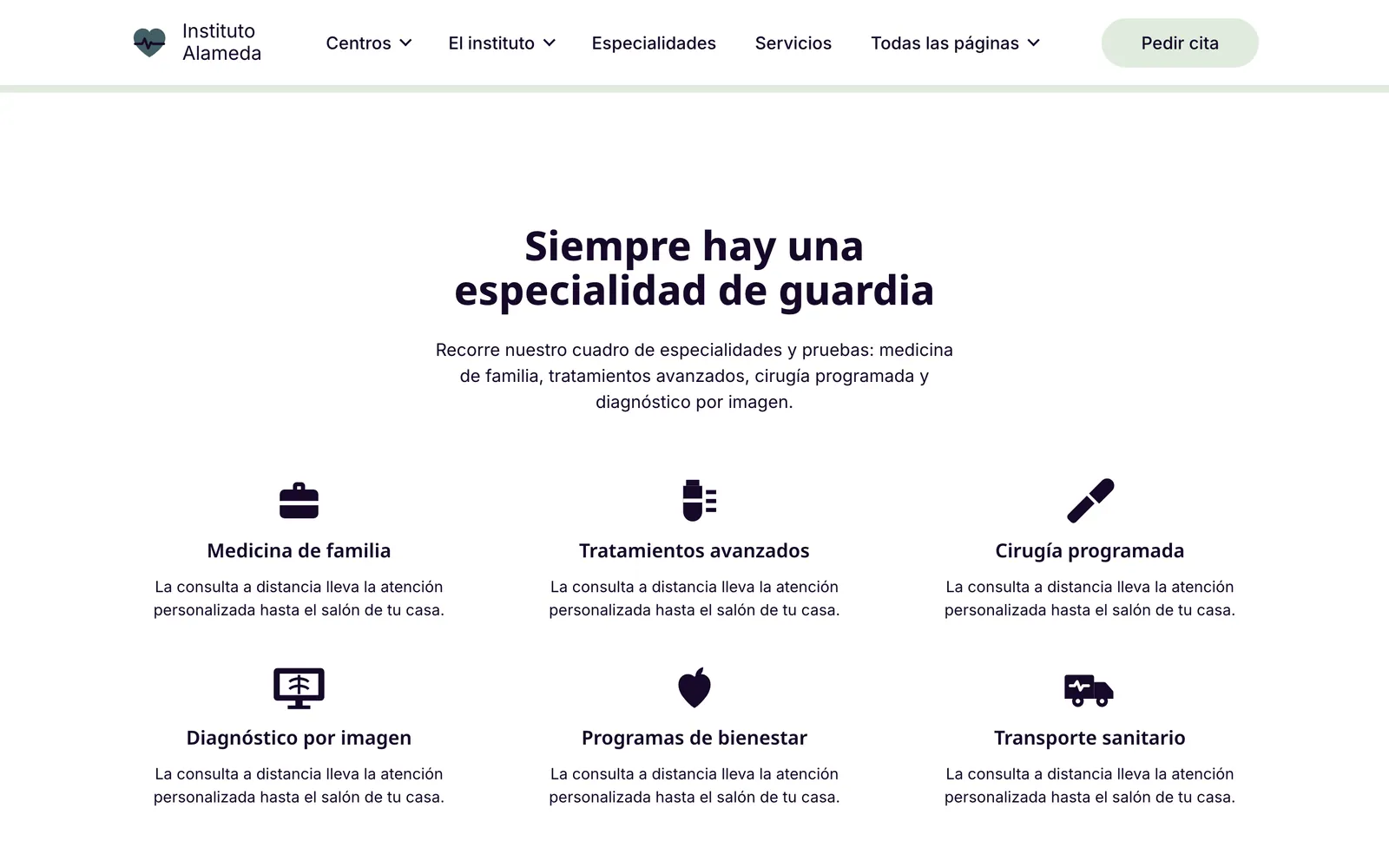 Pantalla 1 de la página de Alameda, instituto de especialidades