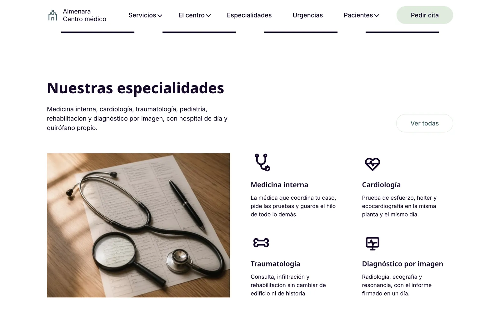 Pantalla 1 de la página de Almenara, centro de especialidades · sevilla