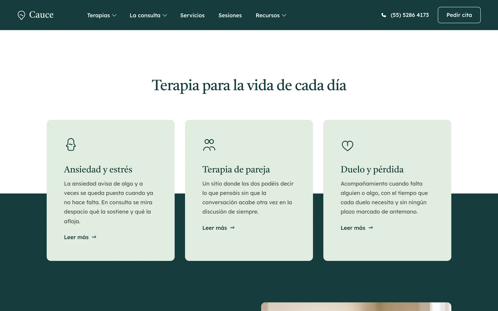 Pantalla 2 de la página de Cauce Psicología, psicología clínica