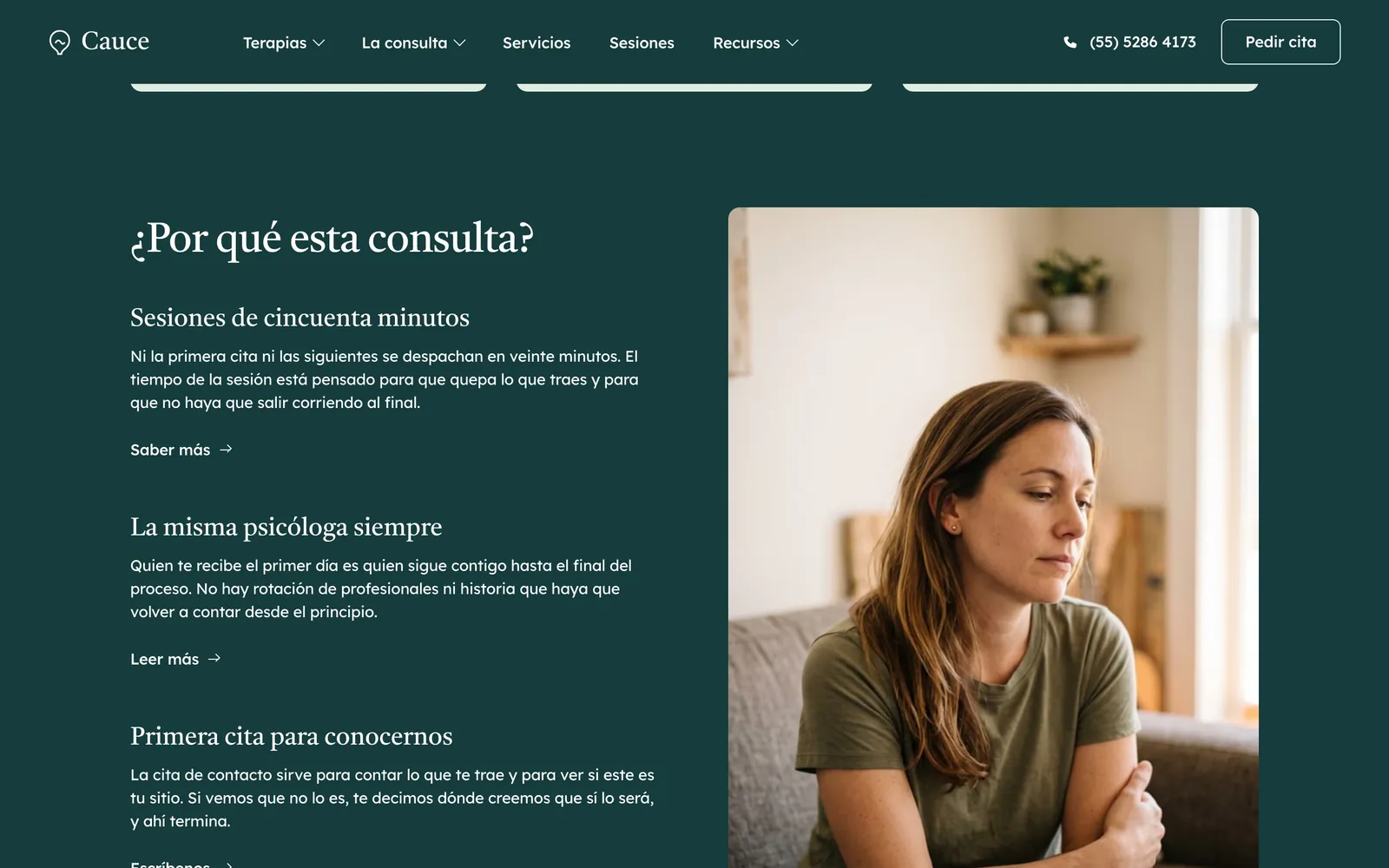 Pantalla 3 de la página de Cauce Psicología, psicología clínica