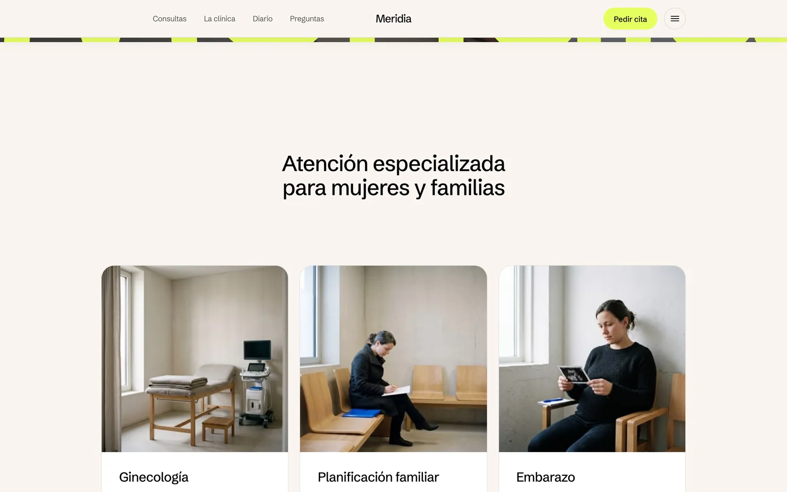 Pantalla 1 de la página de Meridia, salud femenina · valencia