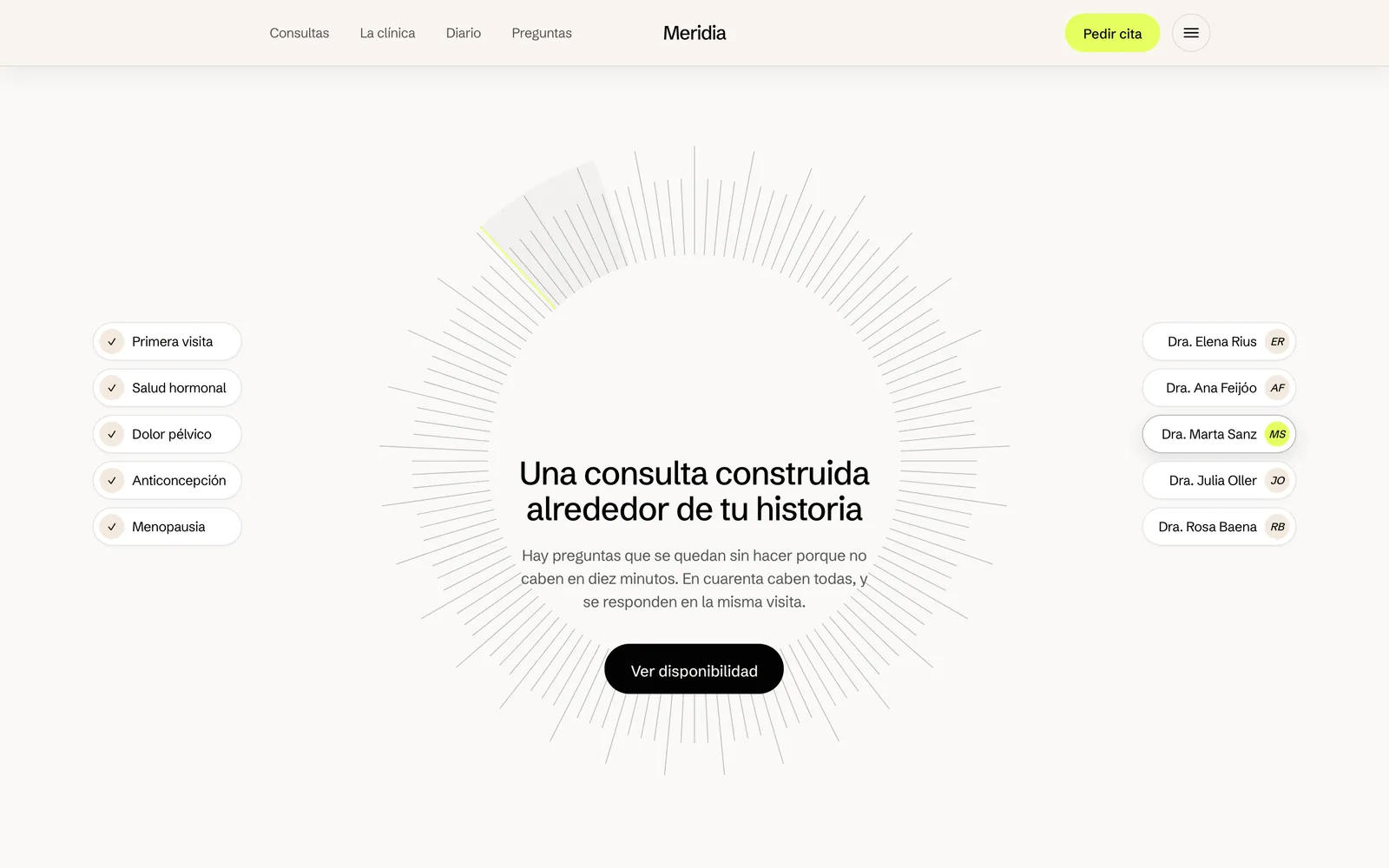 Pantalla 2 de la página de Meridia, salud femenina · valencia