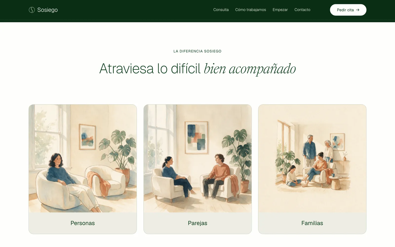 Pantalla 1 de la página de Sosiego, salud mental · consulta y a distancia
