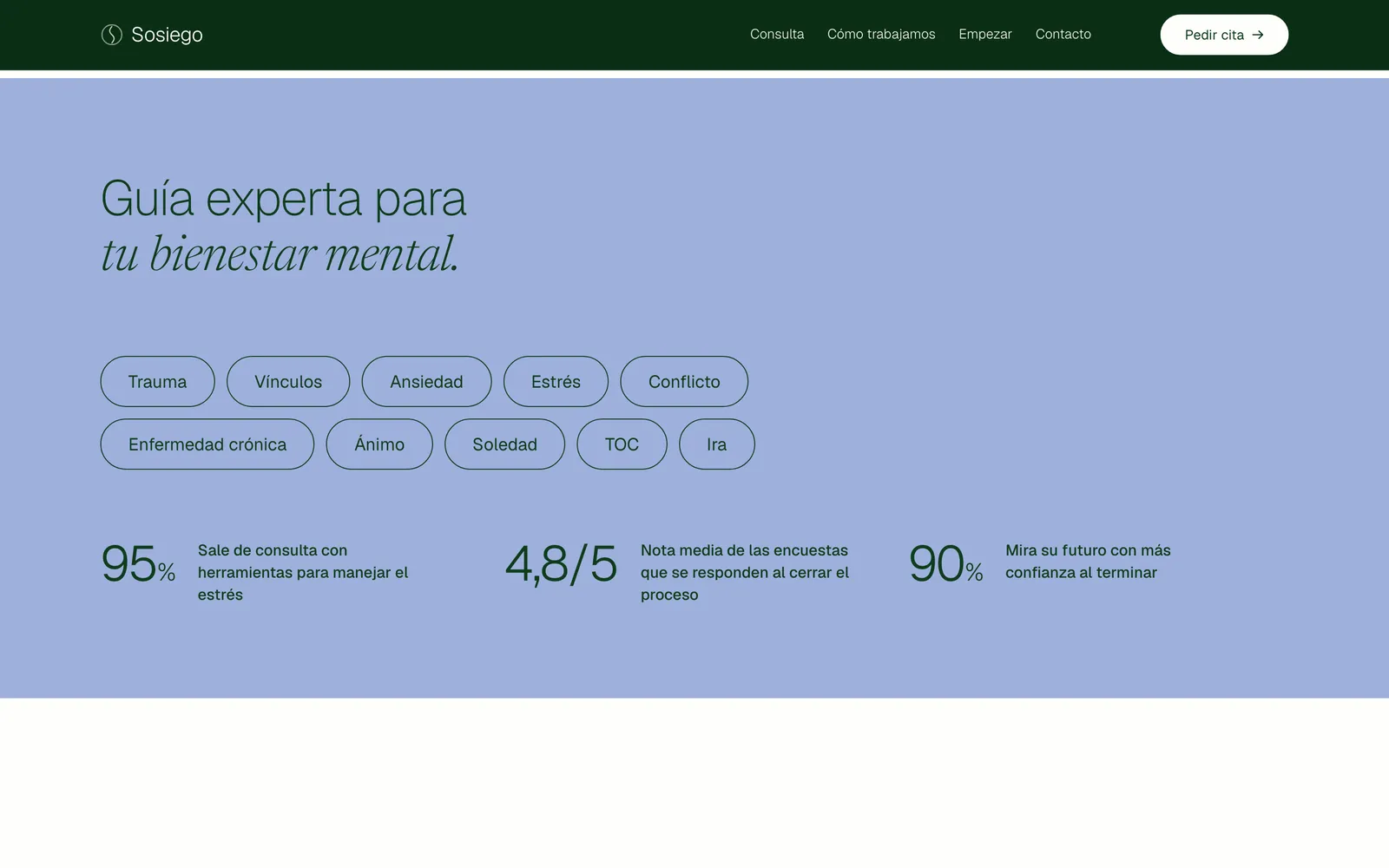 Pantalla 2 de la página de Sosiego, salud mental · consulta y a distancia