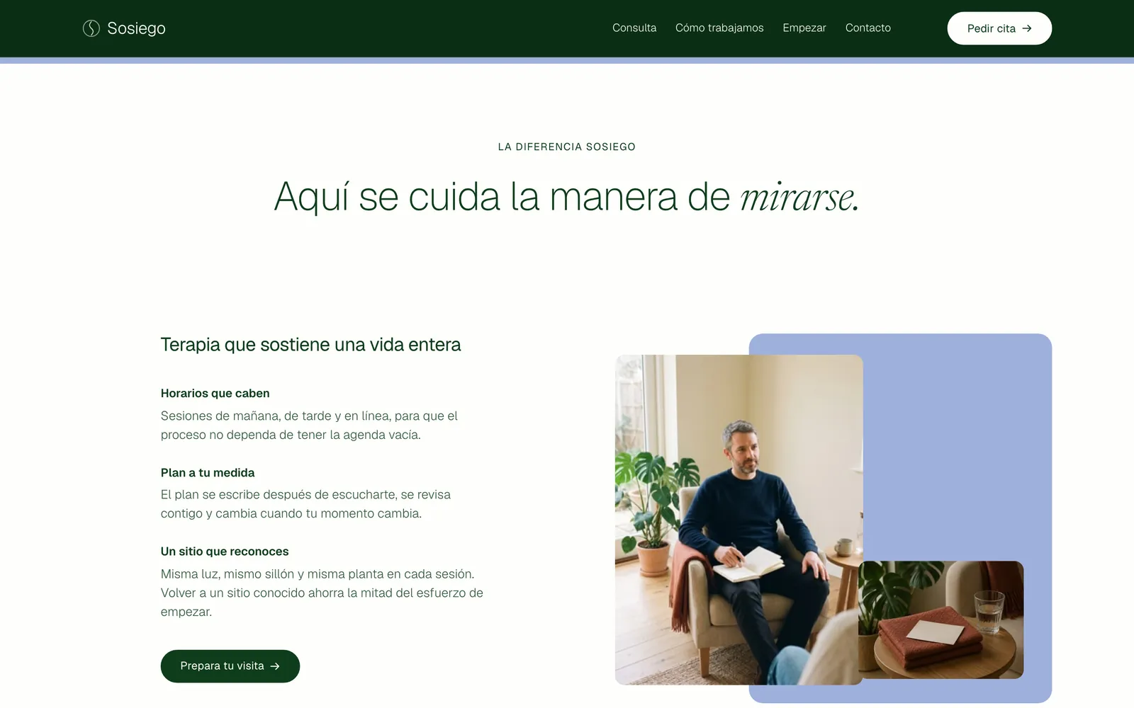 Pantalla 3 de la página de Sosiego, salud mental · consulta y a distancia