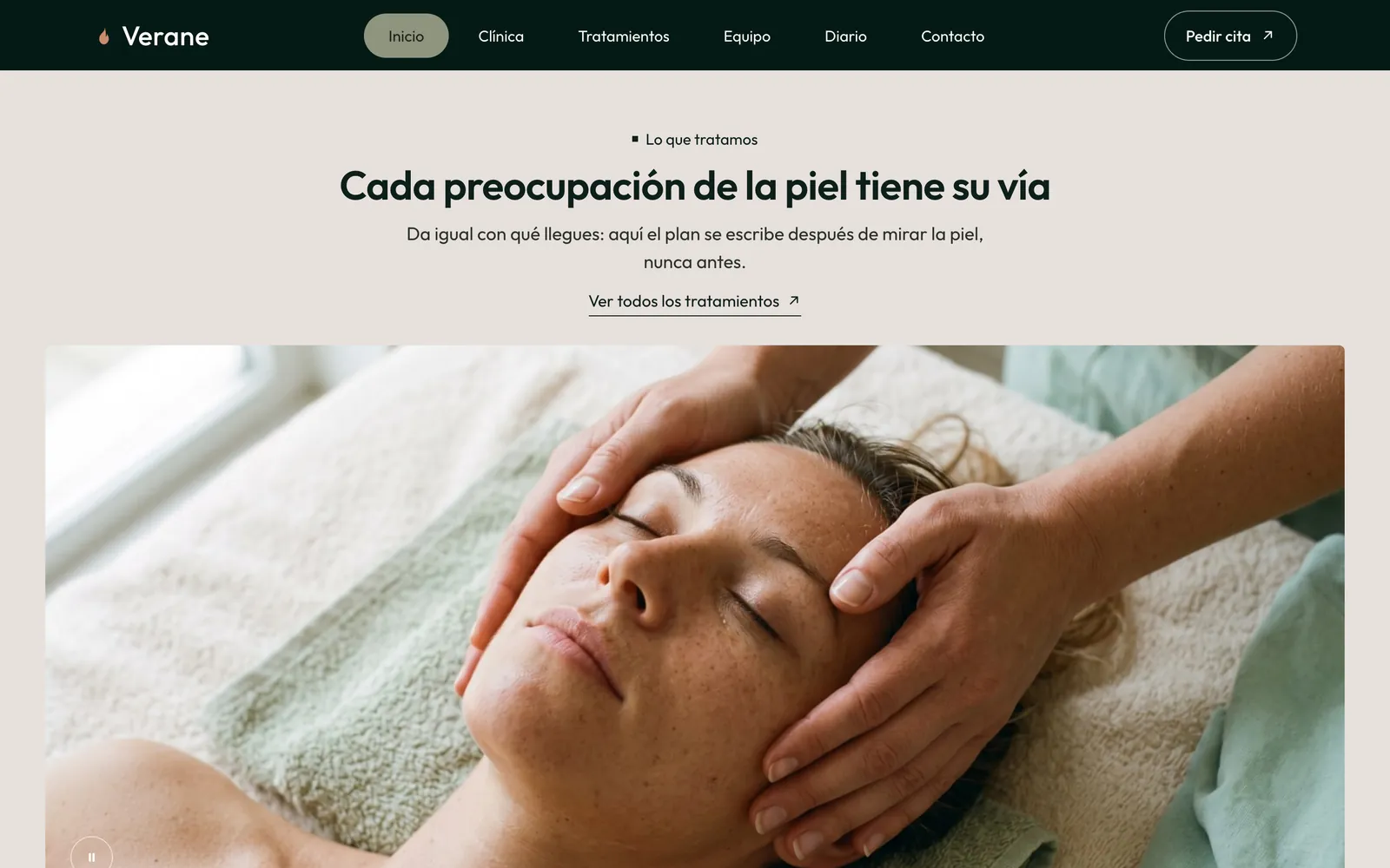 Pantalla 1 de la página de Verane, dermatología y medicina capilar