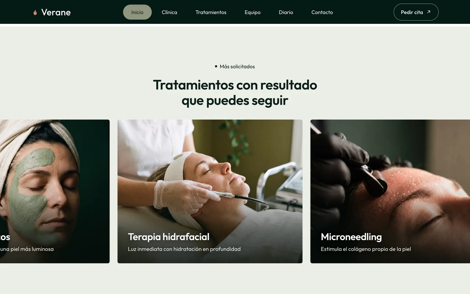 Pantalla 3 de la página de Verane, dermatología y medicina capilar