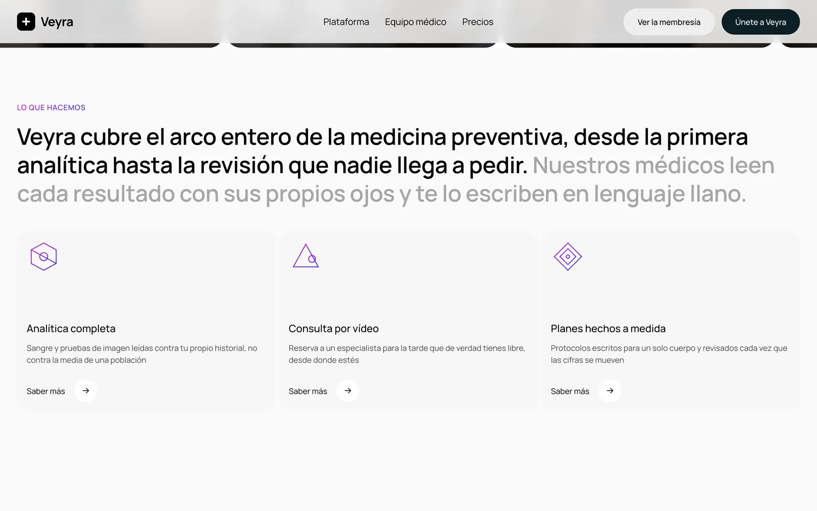 Pantalla 1 de la página de Veyra, salud digital · plataforma de monitorización