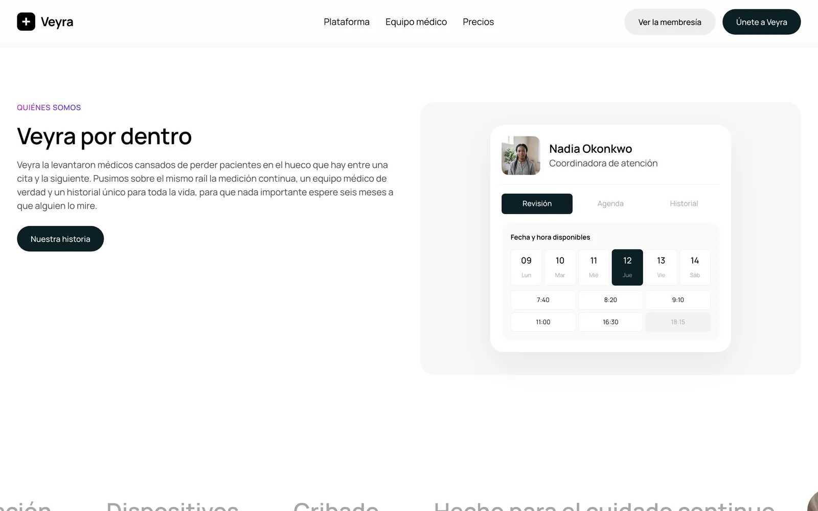 Pantalla 2 de la página de Veyra, salud digital · plataforma de monitorización