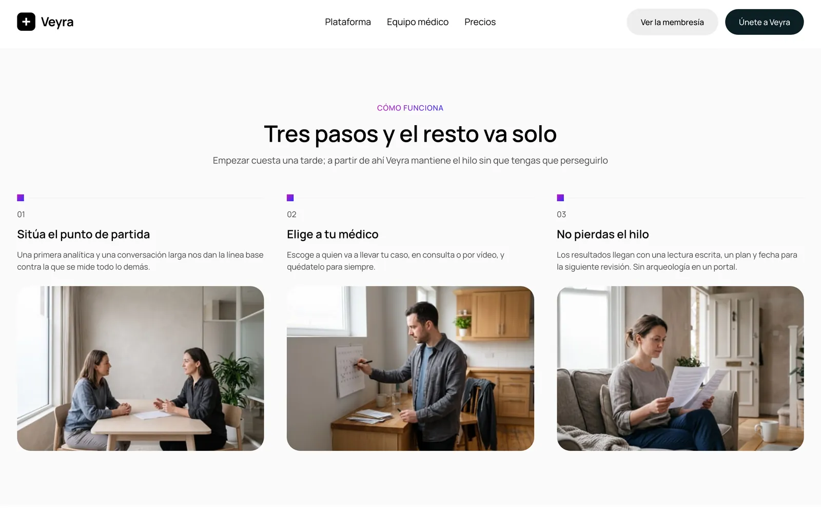 Pantalla 3 de la página de Veyra, salud digital · plataforma de monitorización